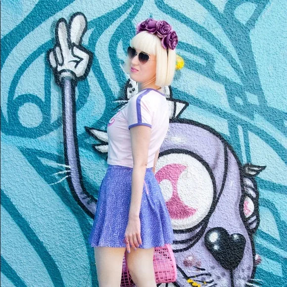 *Old School Oaf* Lazy Oaf Purple Print Skater Skirt - Picture 3 of 11
